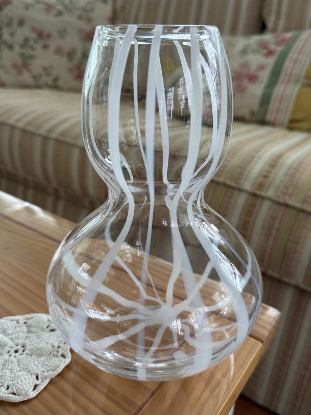 Beautiful Clear Glass Double-Bulb Vase with White Swirl Pattern
